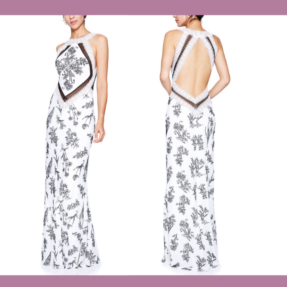 NEW $598 Tadashi Shoji‎ Clotide Halter Tulle Lace Gown White/Black [SZ 8 ]